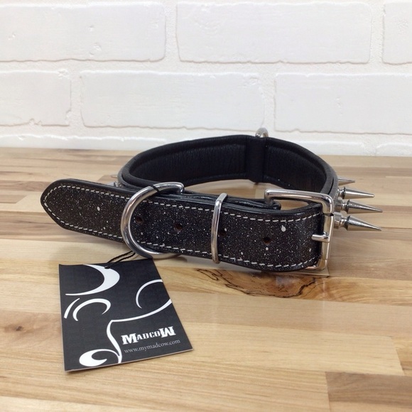 Mad Cow genuine leather Punk Rock dog collar handmade black dark silver studs - Picture 4 of 16